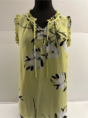 Liz Claiborne Lime Green Floral Tie-Neck Blouse
